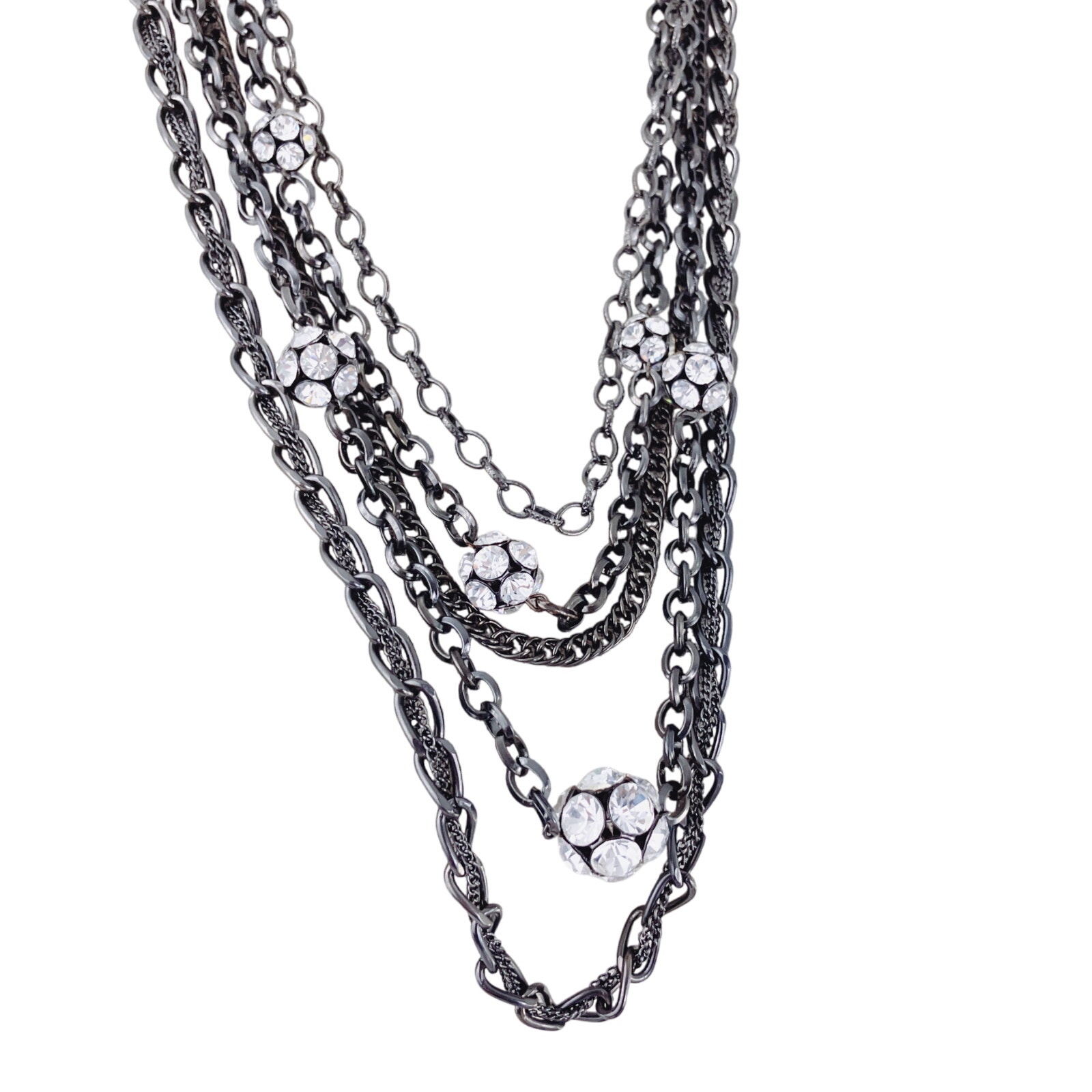 Signed Vclm Multi-Strand Gunmetal Chain Necklace With Crystal Ball Accents